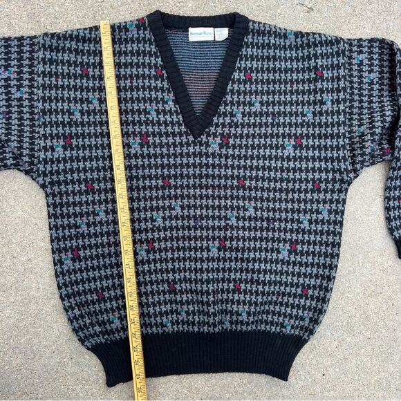 VTG 80s Boundary Waters Black Houndstooth Moody Blue Red accent Wool Blend LARGE - Picture 7 of 7